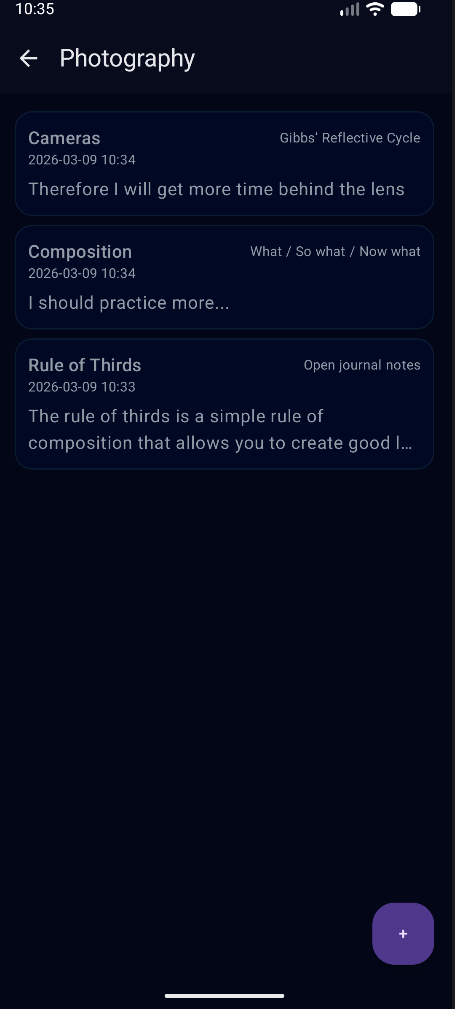 Waypoint theme screen showing stored reflections